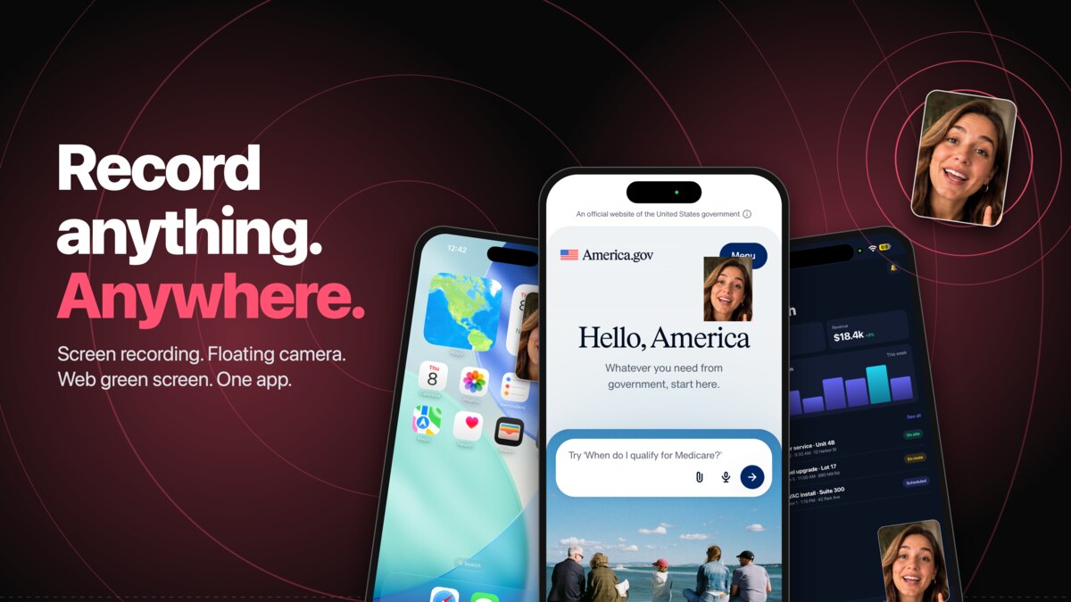 Record anything. Anywhere. Three iPhones: a website, the iOS home screen, and an app, each with the presenter's face in a floating camera bubble.