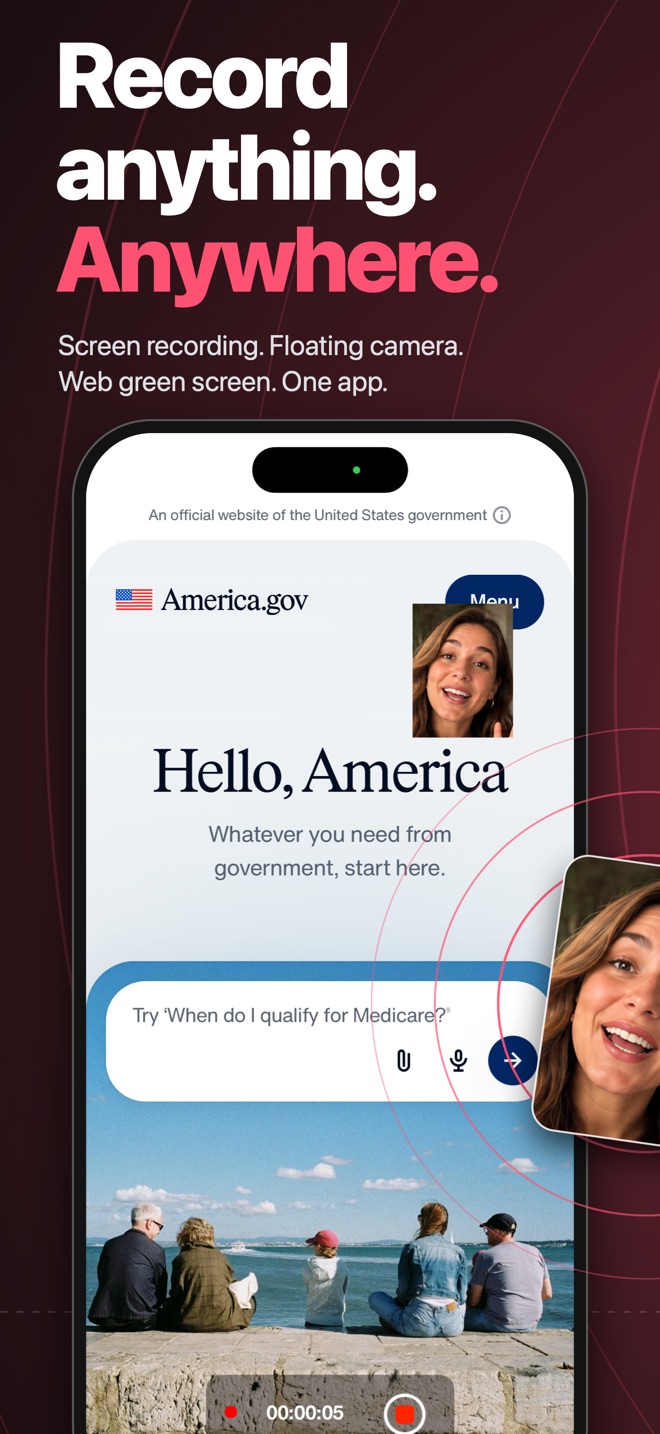 Record anything. Anywhere. — a website recording with the presenter in the camera tile