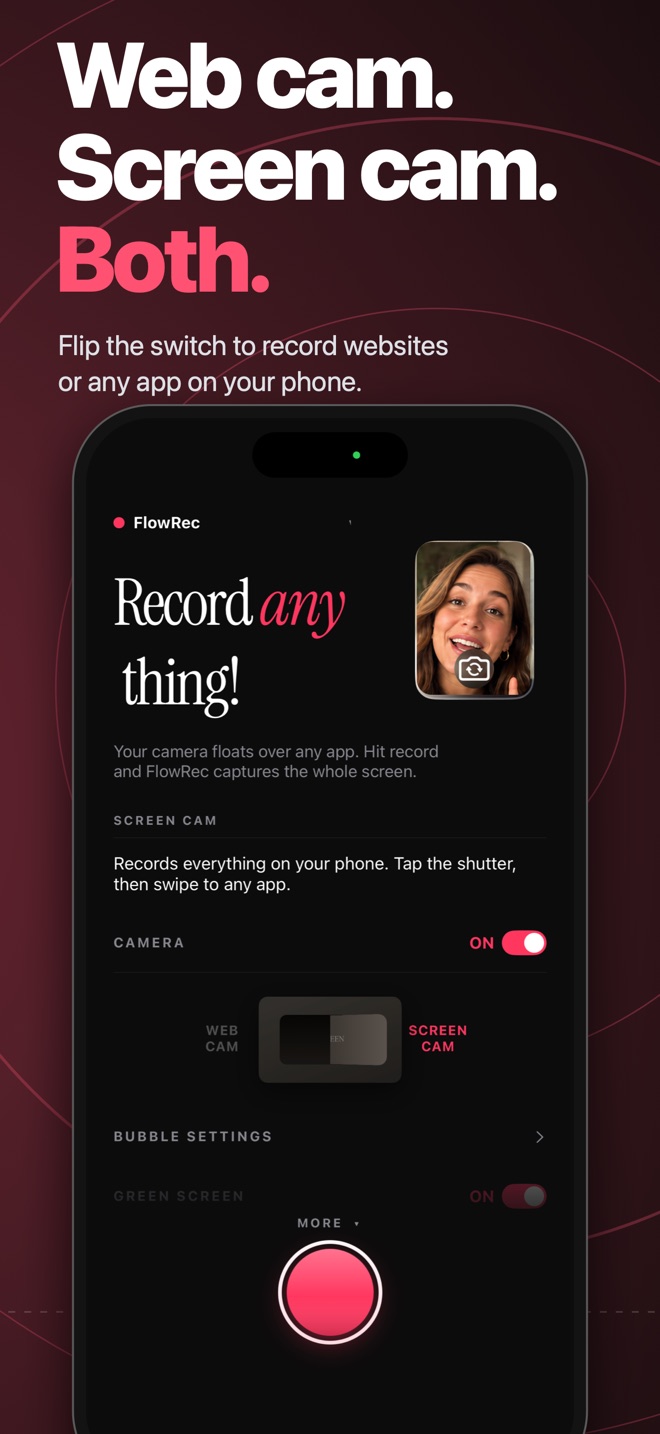 Web cam. Screen cam. Both. — the FlowRec home screen with the two-mode switch