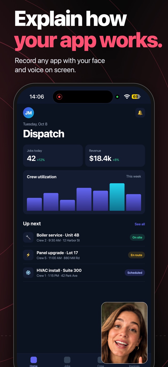 Explain how your app works — recording an app with the presenter's face in a bubble