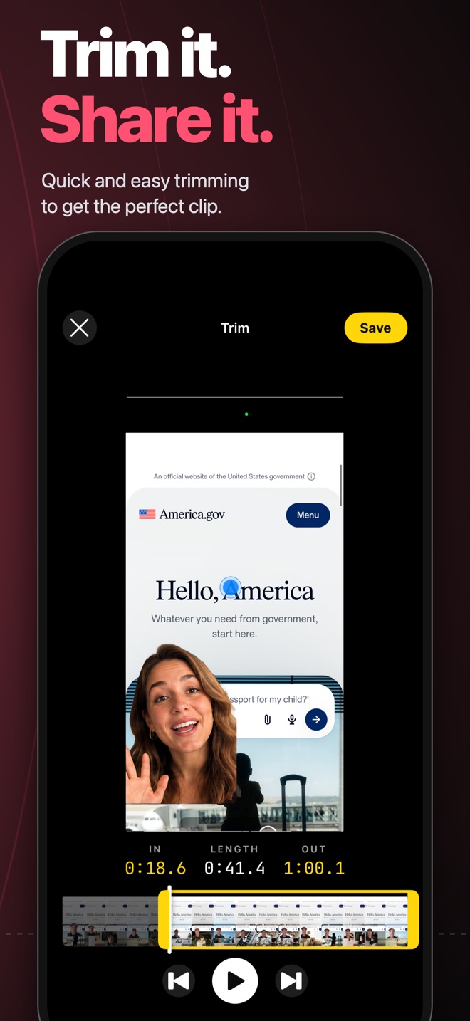 Trim it. Share it. — the Trim screen with the filmstrip